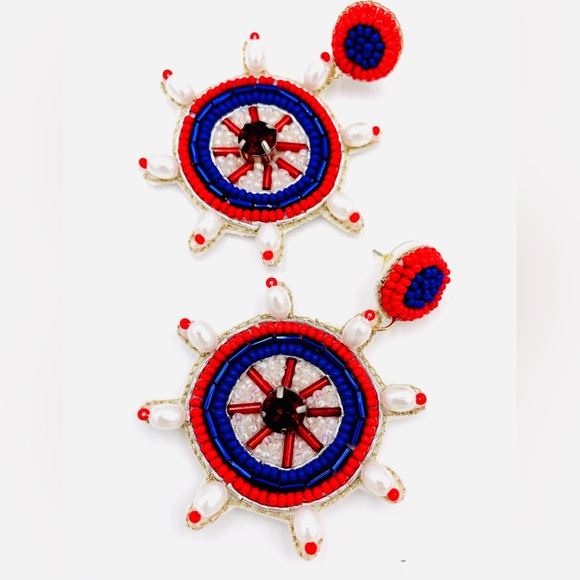 Red, White,& Blue Ship Wheel Beaded Earrings *NEW* - Picture 1 of 6